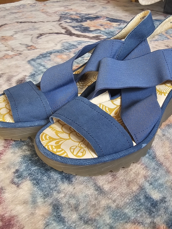 Fly London Shoes - Fly London Blue Leather & Elastic Strap Platform Sandals